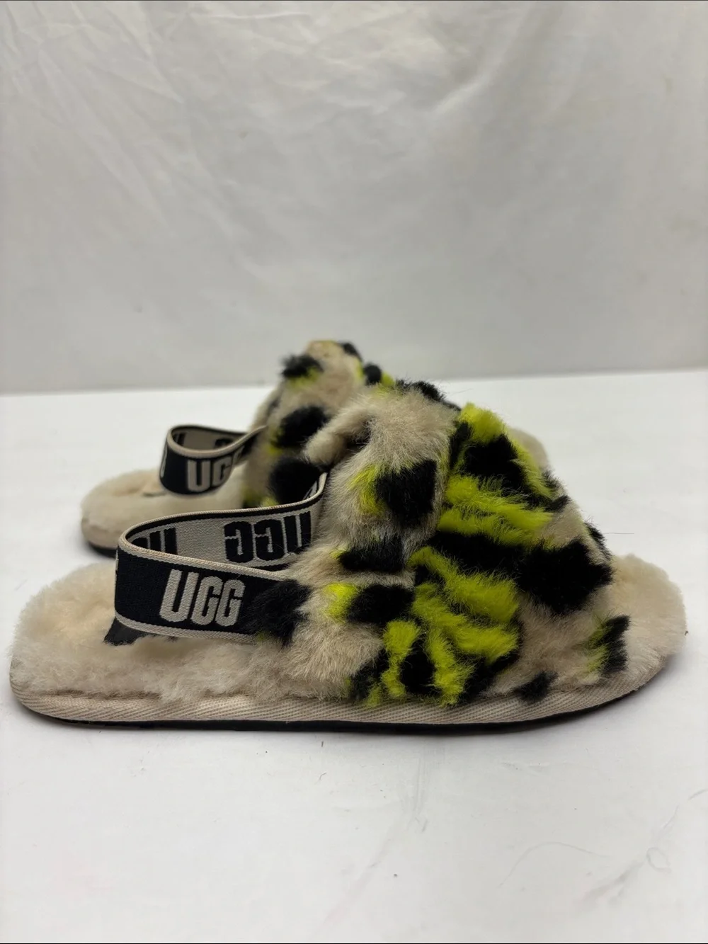 UGG Kids' Neon Leopard Print Fluff Slippers - Lime/Black, SZ 12 toddler, box 72